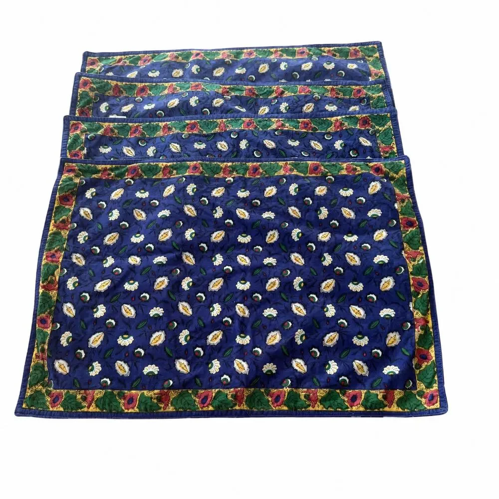 Blue Floral Orange Poppies Cotton Placemats Set 4 Reversible India 14x20 Cottage